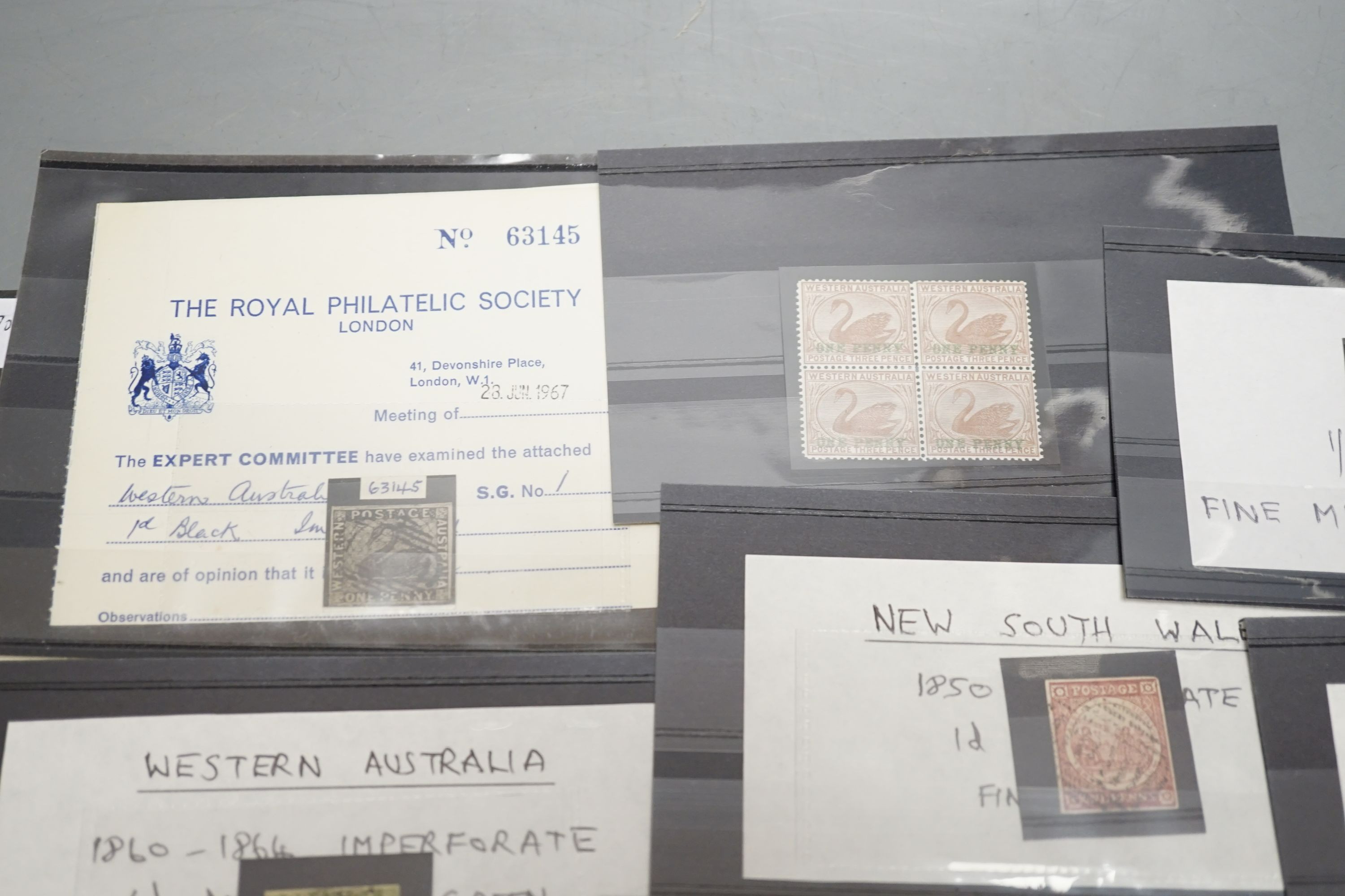 Australian States - NSW 1850 1d and 2d used, Queensland 1907 6d green imperf. plate proof pair, Tasmania 1891 6d dull claret mint block of four (and certificate), Western Australia 1854 1d black swan and 1861 6d deep sag